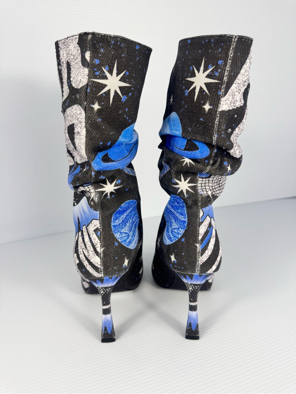 NEW AKIRA Black Multi Galaxy Space Peep Toe Slouch Stiletto Booties - Picture 3 of 7